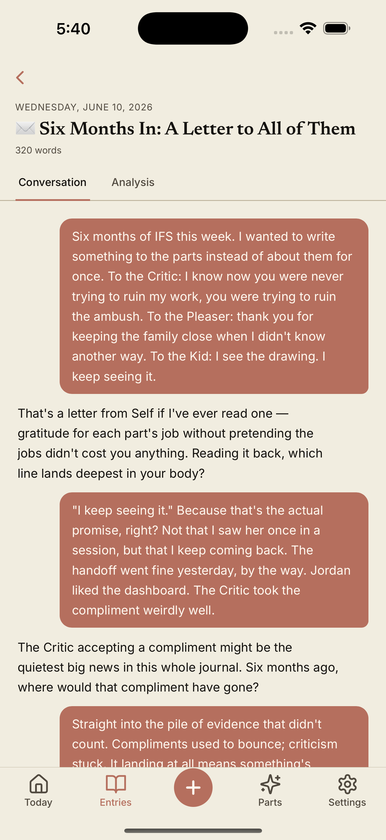 All My Parts iOS app, journaling to the parts in conversation