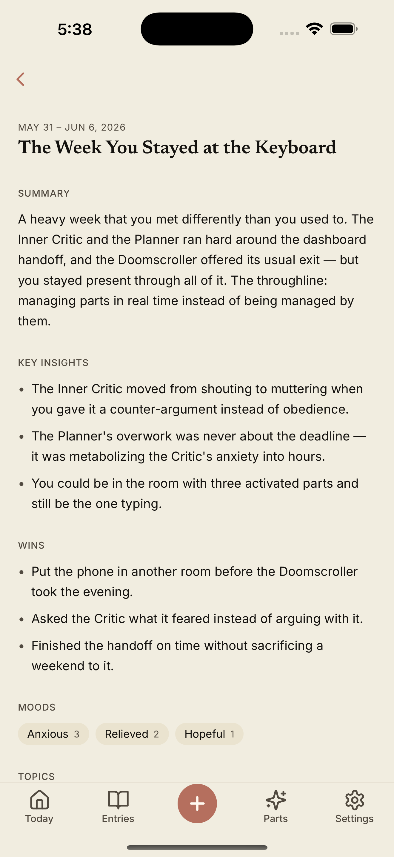 All My Parts iOS app, the weekly AI report