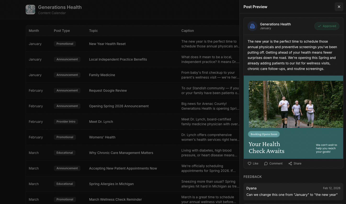 Joyful Marketing content calendar laid out as reviewable social posts