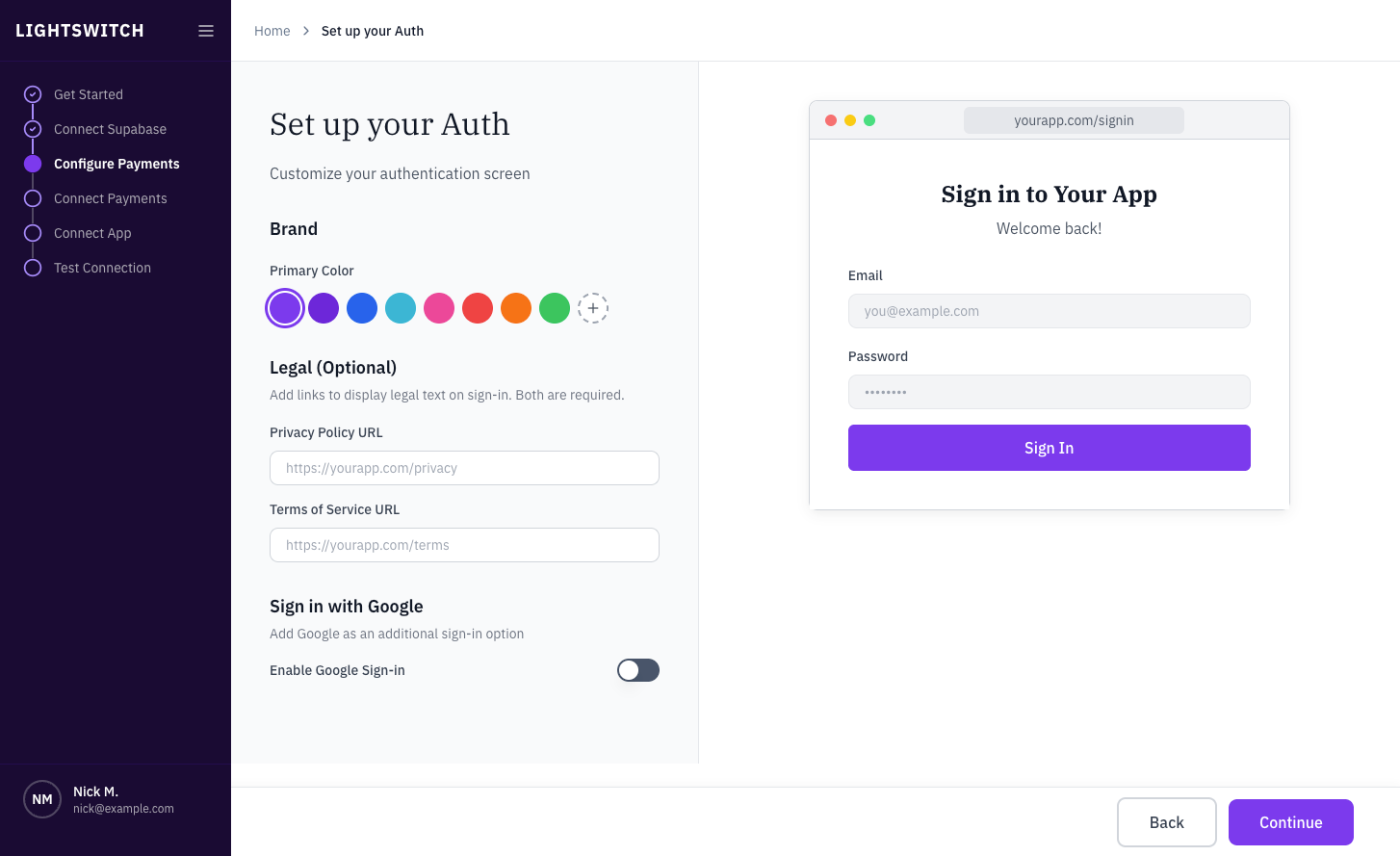 Lightswitch auth setup with a live sign-in preview