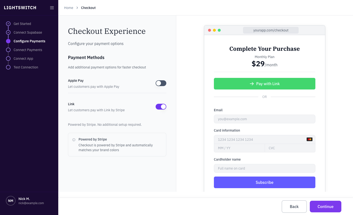 Lightswitch checkout configuration with a live Stripe checkout preview