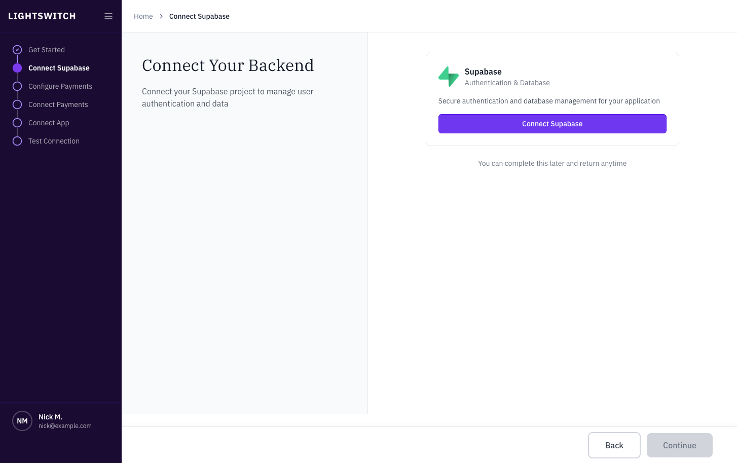 Lightswitch onboarding wizard, the Connect Supabase step